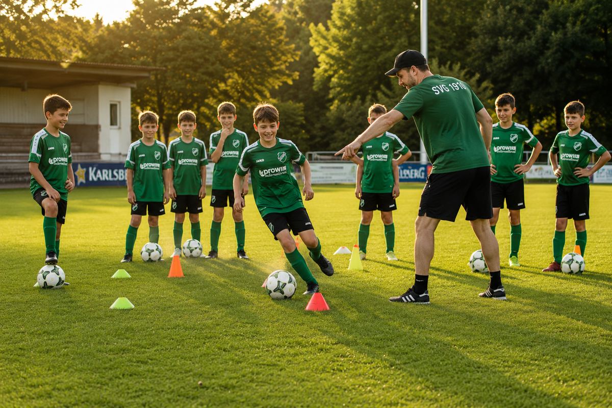 Jugendtraining beim SVG, Kinder in grünen Trikots üben Dribbeln mit dem Trainer
