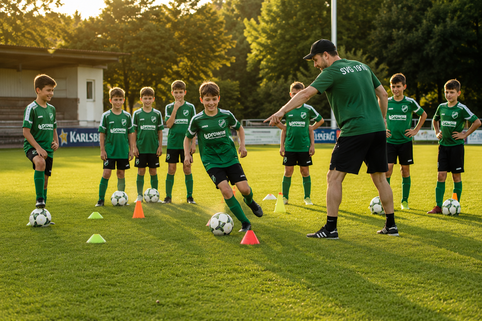 Jugendtraining beim SVG, Kinder in grünen Trikots üben Dribbeln mit dem Trainer