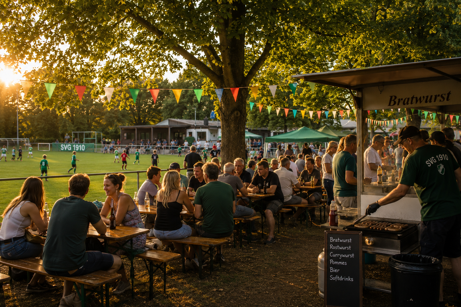 Vereinsfest am Sportplatz, Biertische unter Bäumen mit bunten Wimpeln und Bratwurststand